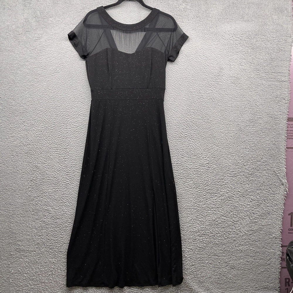En Focus Studio Womens Dress Fit Flare Black Glitter Short Sleeve Sheer Size 10
